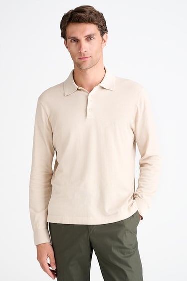  Erkek Bej Pamuk İpek Karışımlı Polo Yaka Kazak