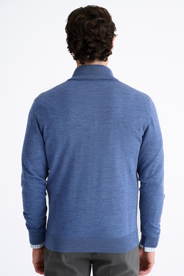  Erkek Koyu Mavi Extrafine Yün Yarım Fermuarlı Kazak