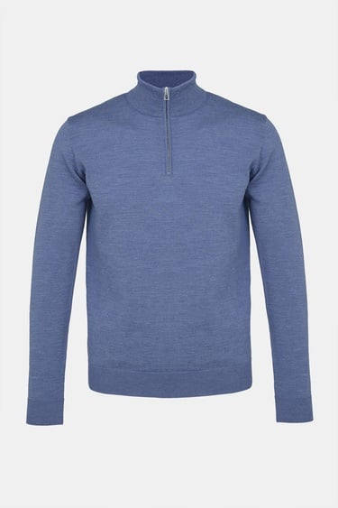  Erkek Koyu Mavi Extrafine Yün Yarım Fermuarlı Kazak