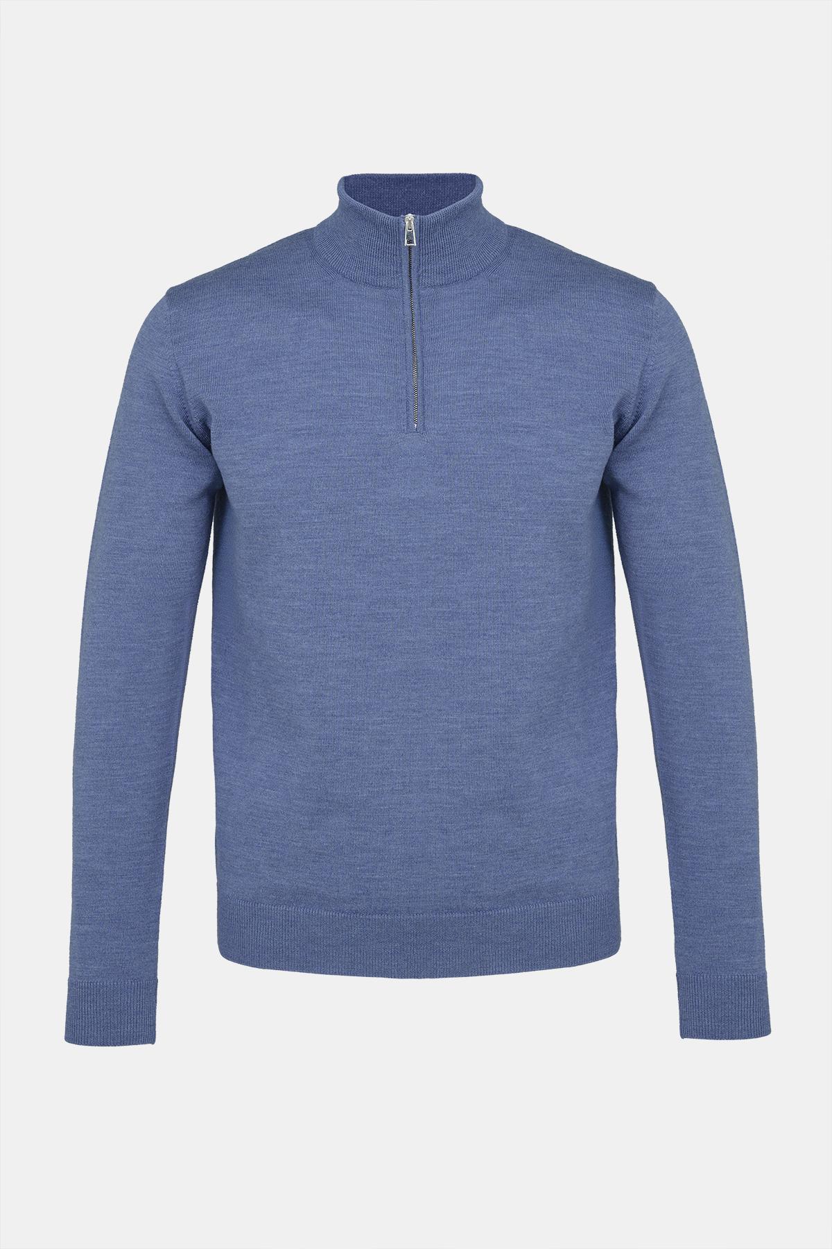  Erkek Koyu Mavi Extrafine Yün Yarım Fermuarlı Kazak