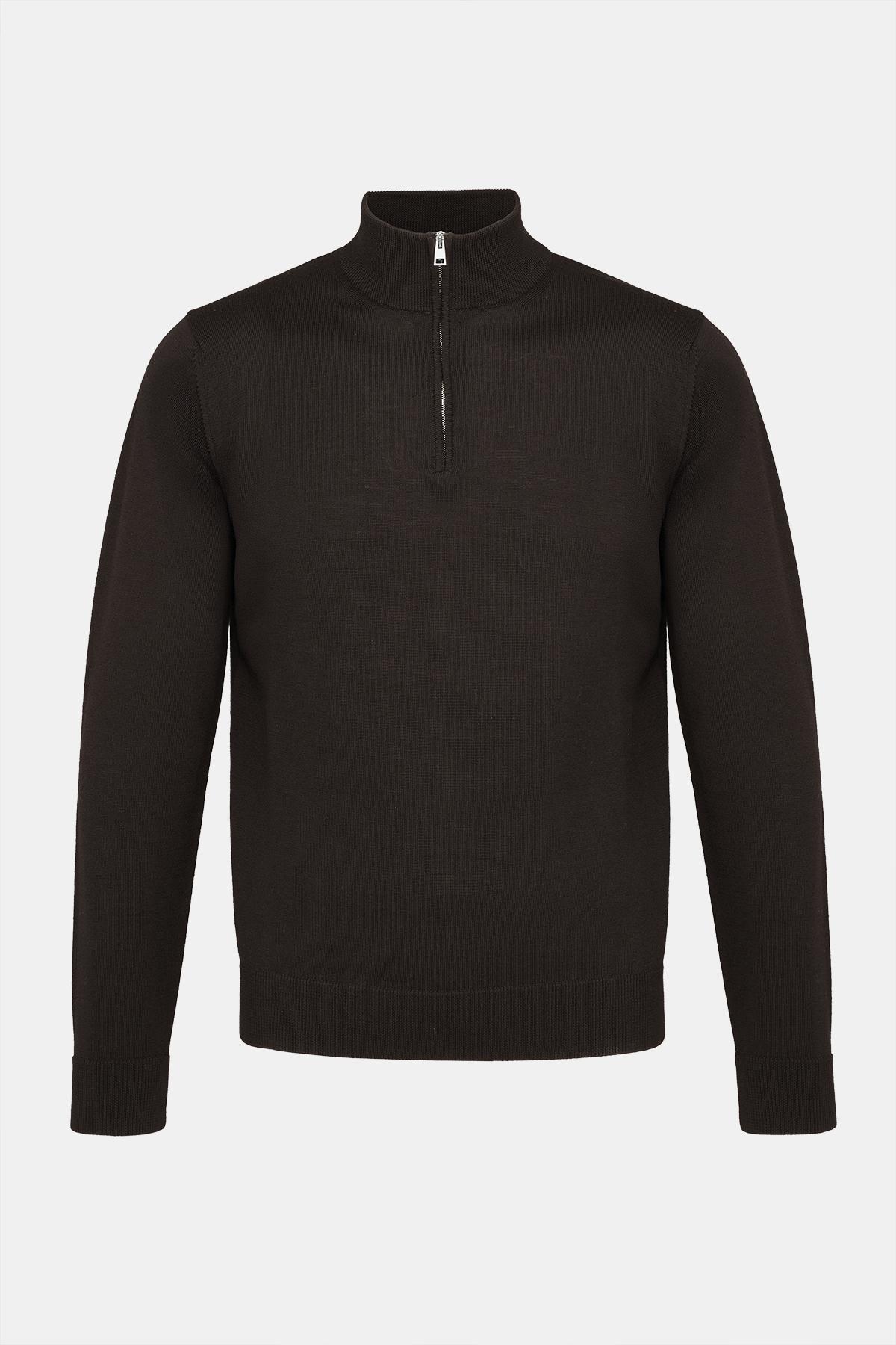  Erkek Gri Extrafine Yün Yarım Fermuarlı Kazak