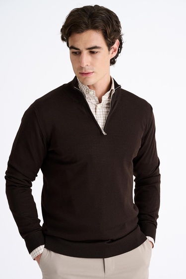  Erkek Gri Extrafine Yün Yarım Fermuarlı Kazak