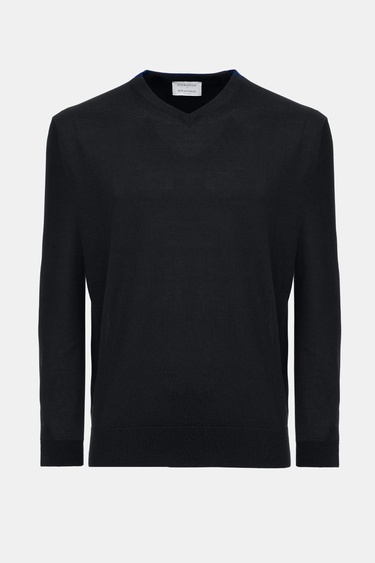  Erkek Siyah V Yaka Yün Kazak