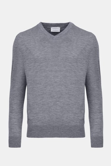  Erkek Gri V Yaka Yün Kazak