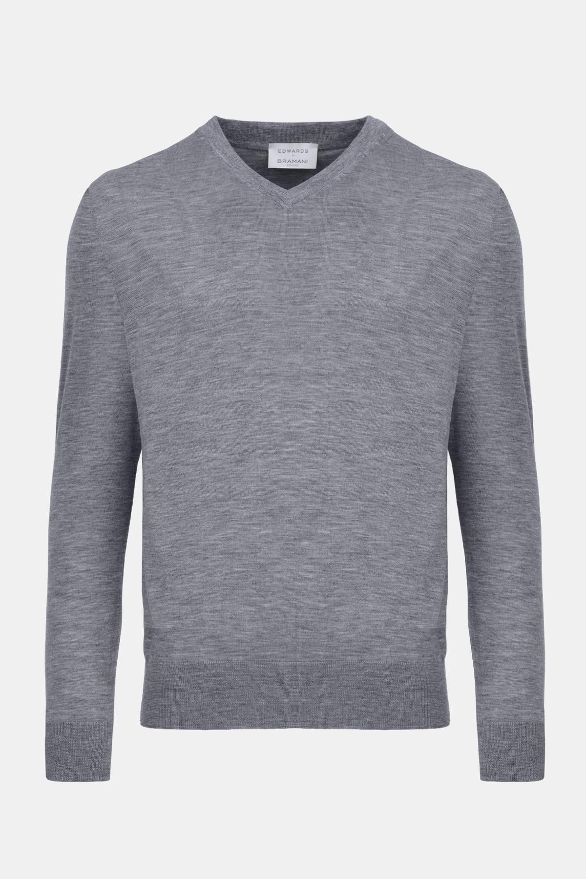  Erkek Gri V Yaka Yün Kazak