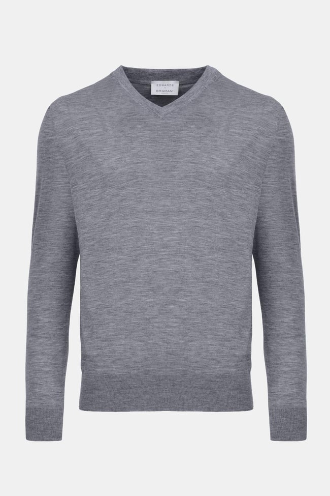  Erkek Gri V Yaka Yün Kazak