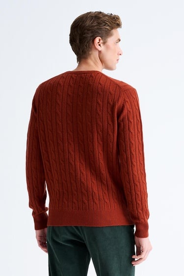  Erkek Kırmızı Bisiklet Yaka Saç Örgülü Kaşmir Kazak