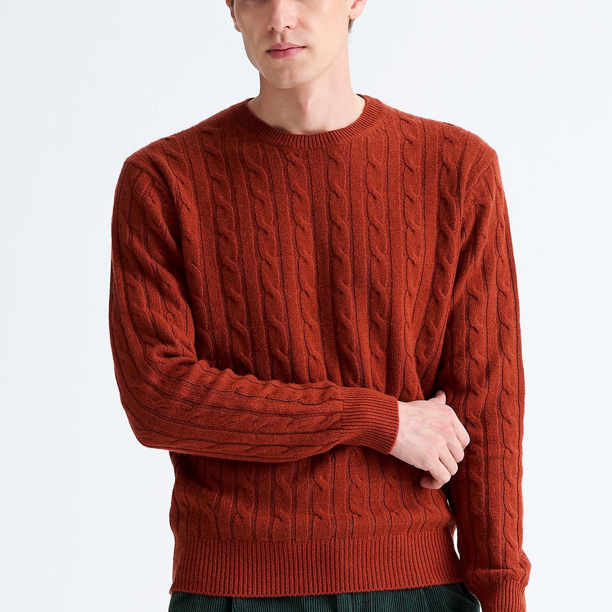 Erkek Kırmızı Bisiklet Yaka Saç Örgülü Kaşmir Kazak