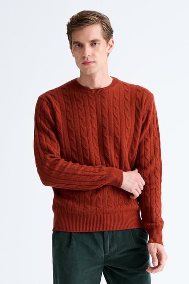  Erkek Kırmızı Bisiklet Yaka Saç Örgülü Kaşmir Kazak