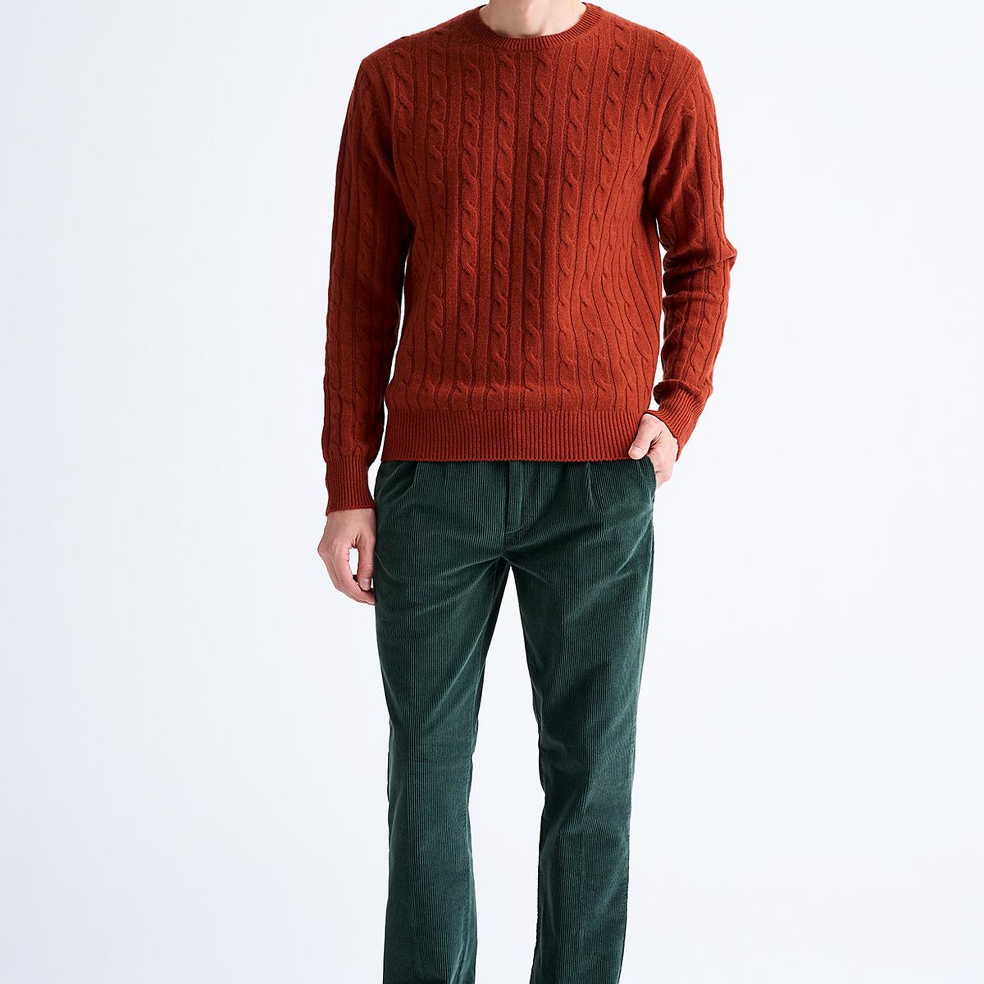 Erkek Kırmızı Bisiklet Yaka Saç Örgülü Kaşmir Kazak