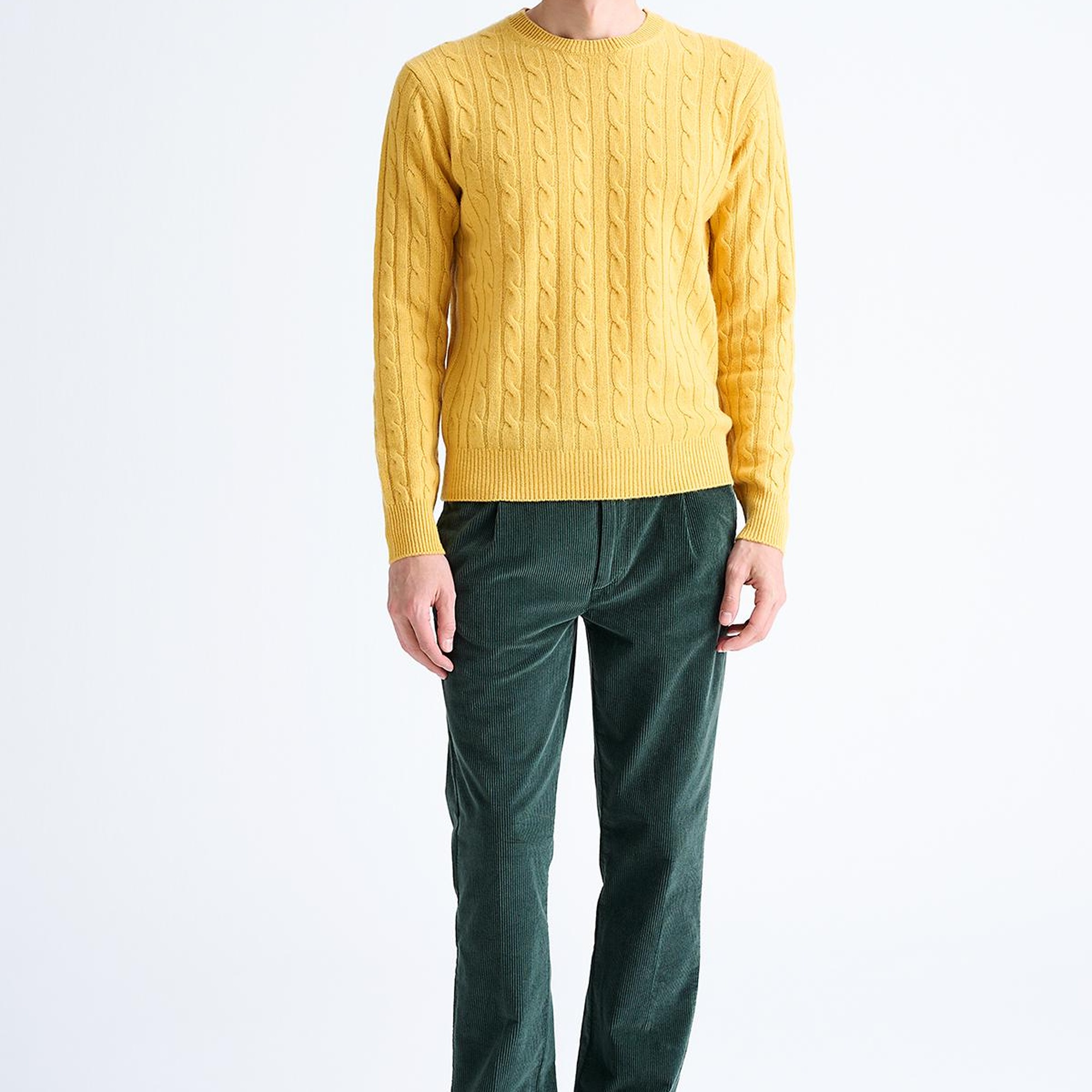 Erkek Sarı Bisiklet Yaka Saç Örgülü Kaşmir Kazak