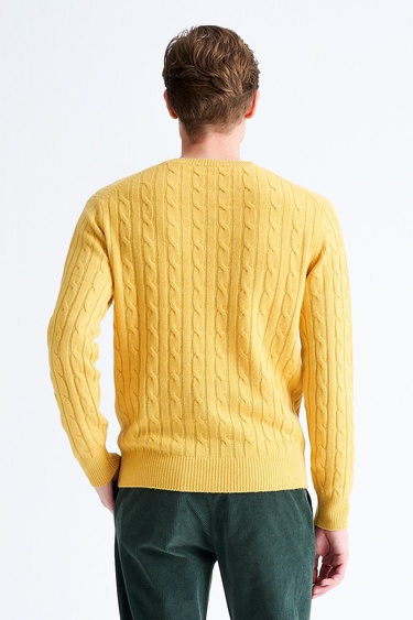  Erkek Sarı Bisiklet Yaka Saç Örgülü Kaşmir Kazak