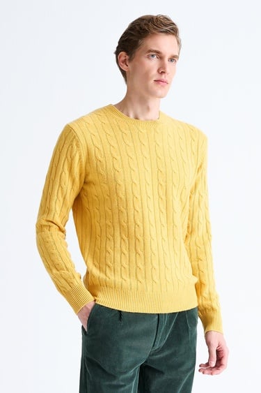 Erkek Sarı Bisiklet Yaka Saç Örgülü Kaşmir Kazak