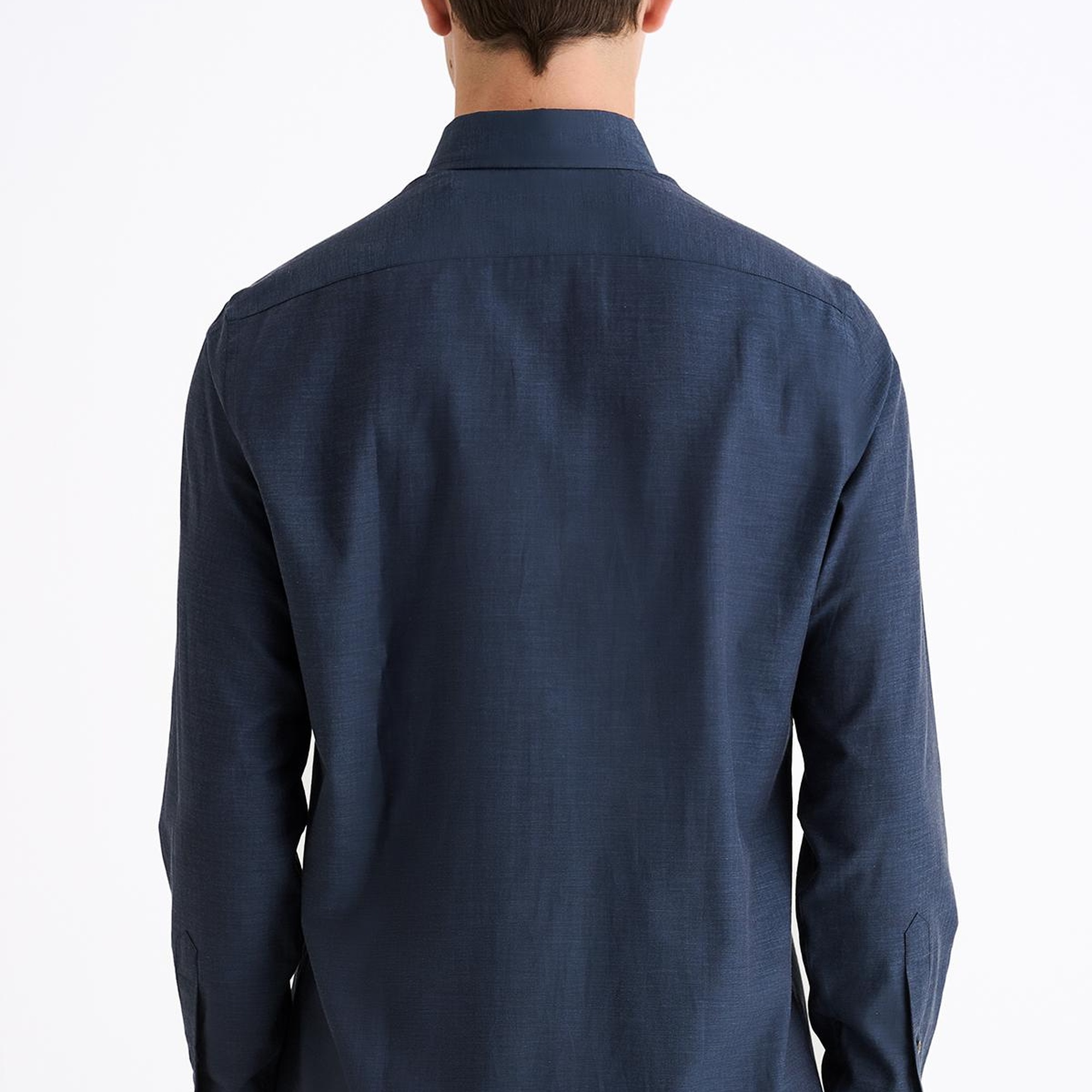 Erkek Lacivert Cooper Fit Düğmeli Yaka Flannel Spor Gömlek