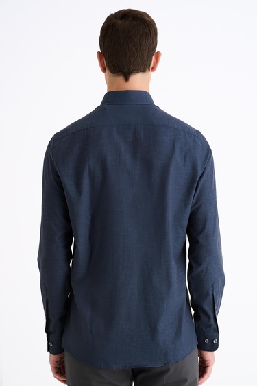  Erkek Lacivert Cooper Fit Düğmeli Yaka Flannel Spor Gömlek