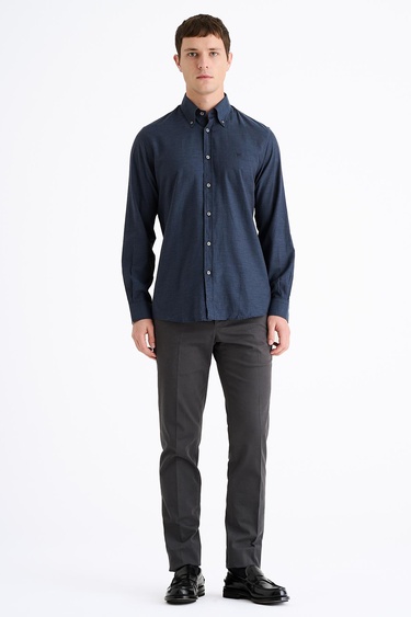  Erkek Lacivert Cooper Fit Düğmeli Yaka Flannel Spor Gömlek