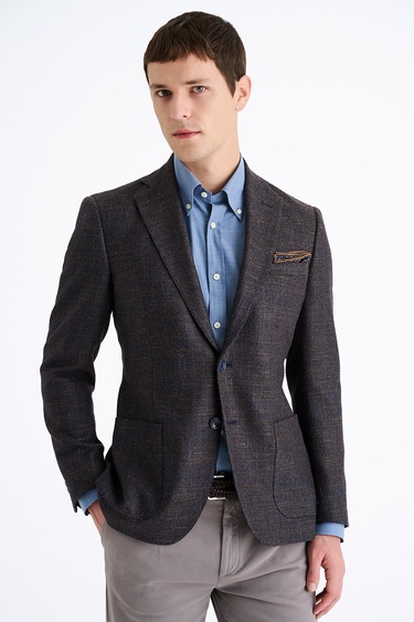  Erkek Kahverengi Yün İpek Kaşmir Karışımlı Delfino Spor Ceket