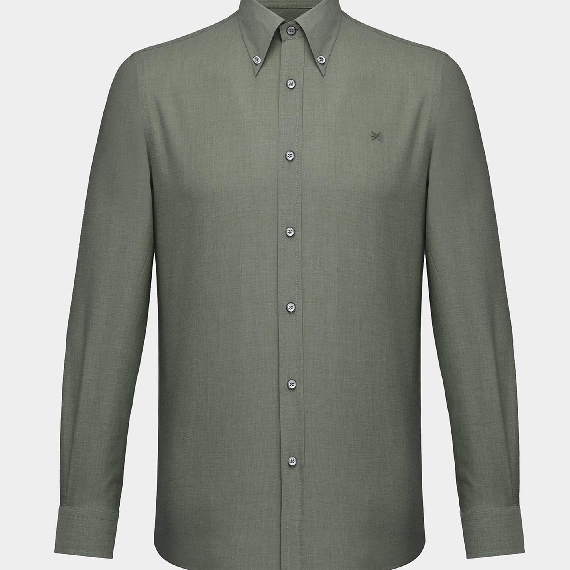 Erkek Haki Cooper Fit Düğmeli Yaka Kaşmir Karışımlı Flannel Spor Gömlek