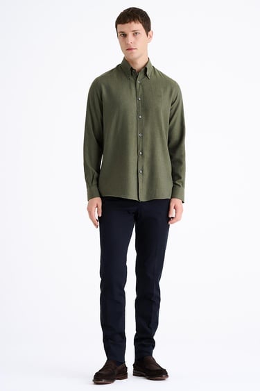  Erkek Haki Cooper Fit Düğmeli Yaka Kaşmir Karışımlı Flannel Spor Gömlek