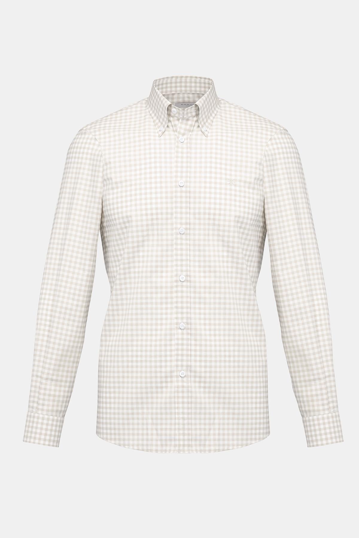  Erkek Kahverengi Cooper Fit Düğmeli Yaka Ekoseli Spor Gömlek