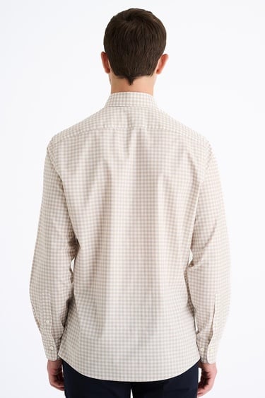  Erkek Kahverengi Cooper Fit Düğmeli Yaka Ekoseli Spor Gömlek