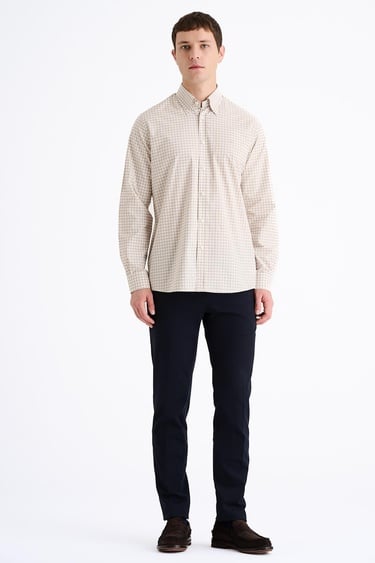  Erkek Kahverengi Cooper Fit Düğmeli Yaka Ekoseli Spor Gömlek