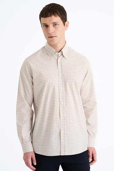  Erkek Kahverengi Cooper Fit Düğmeli Yaka Ekoseli Spor Gömlek