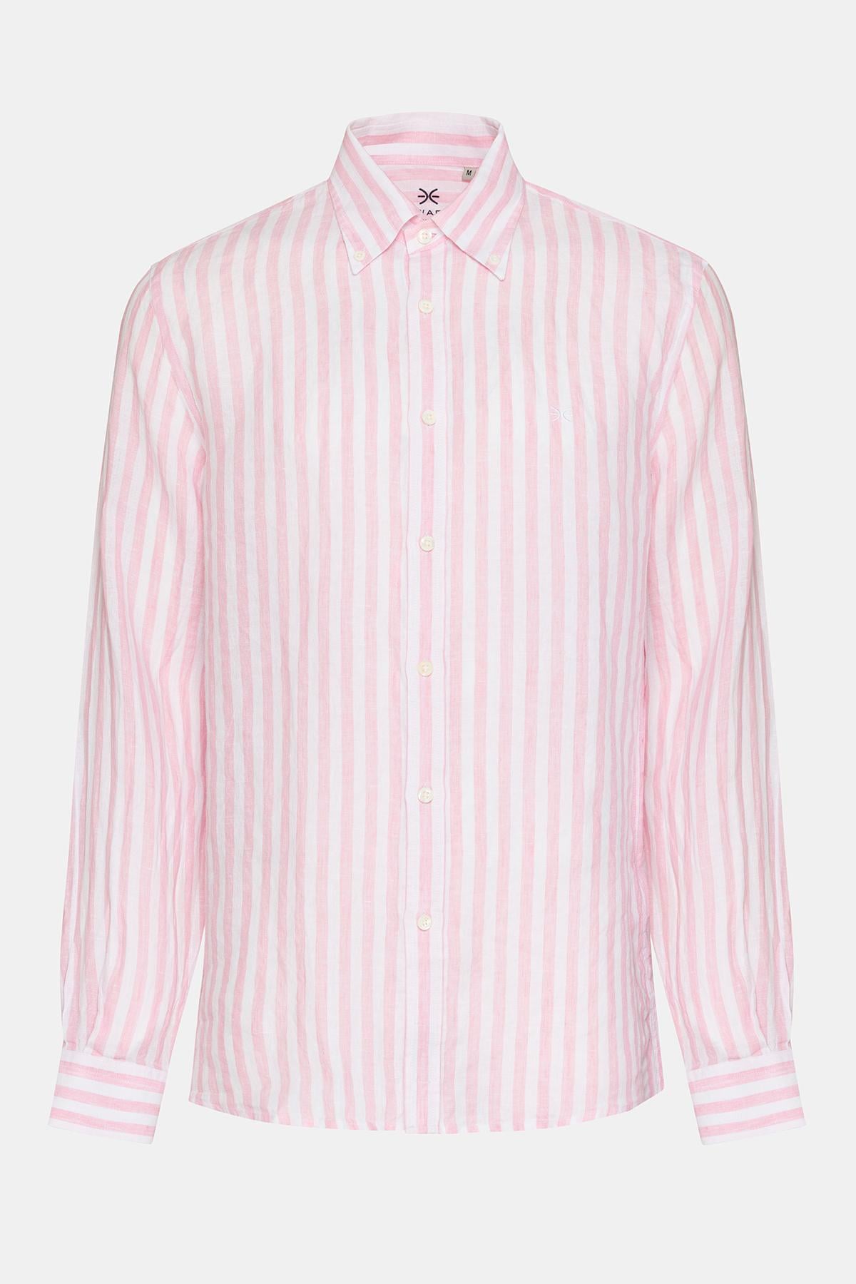  Erkek Pembe Düğmeli Yaka Cooper Fit İrlanda Keten Gömlek