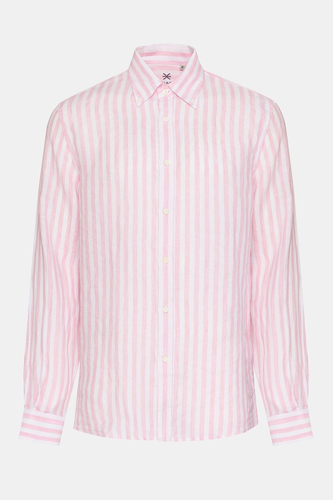  Erkek Pembe Düğmeli Yaka Cooper Fit İrlanda Keten Gömlek