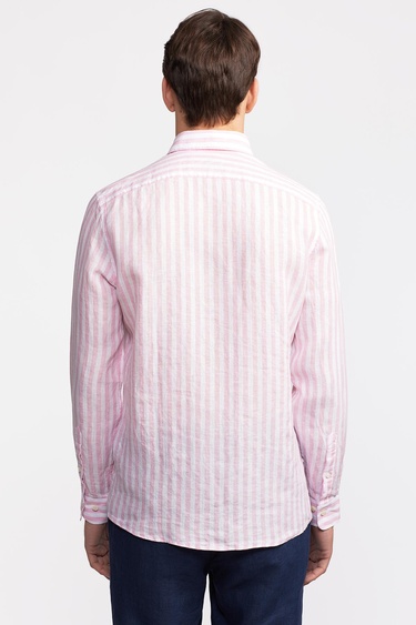  Erkek Pembe Düğmeli Yaka Cooper Fit İrlanda Keten Gömlek