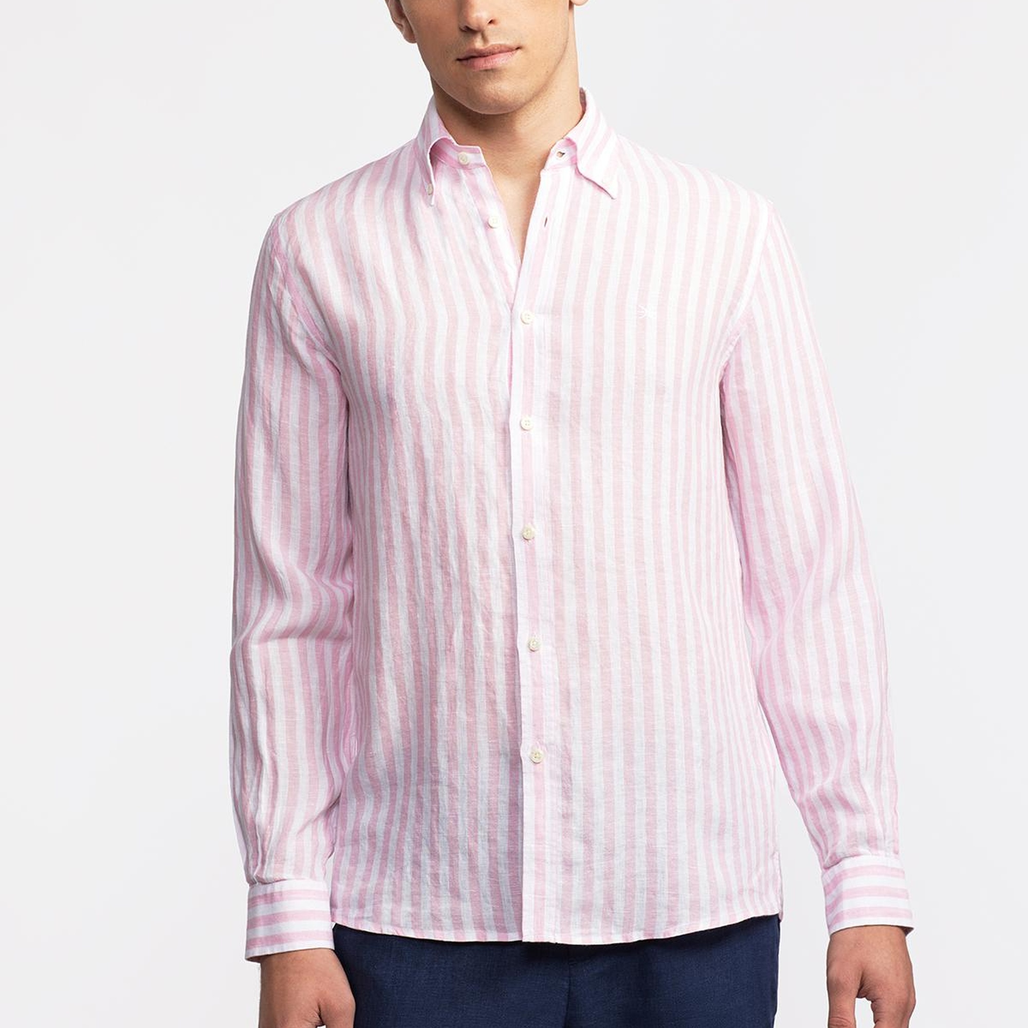 Erkek Pembe Düğmeli Yaka Cooper Fit İrlanda Keten Gömlek