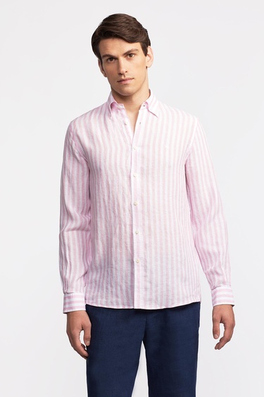  Erkek Pembe Düğmeli Yaka Cooper Fit İrlanda Keten Gömlek