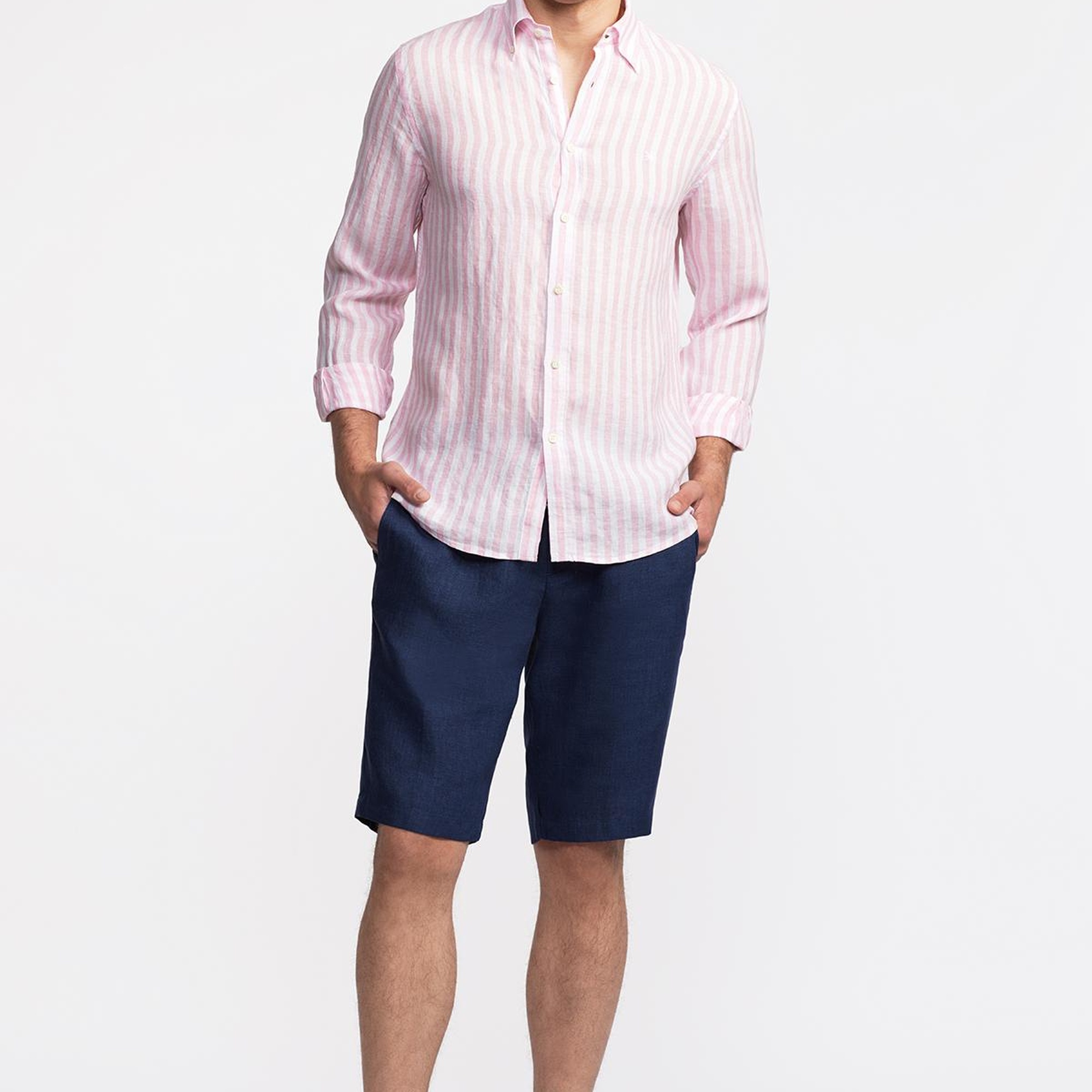 Erkek Pembe Düğmeli Yaka Cooper Fit İrlanda Keten Gömlek