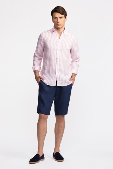  Erkek Pembe Düğmeli Yaka Cooper Fit İrlanda Keten Gömlek