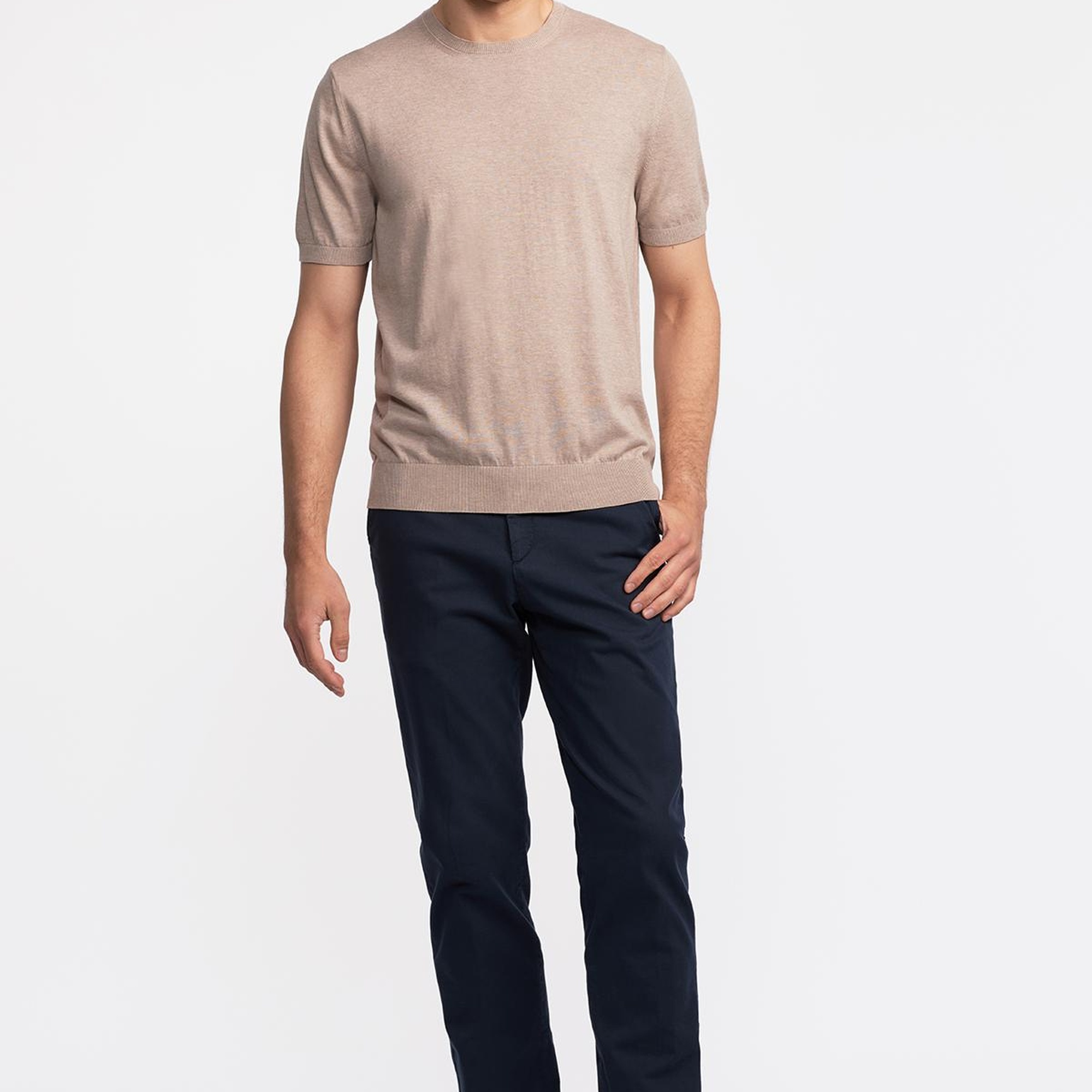 Erkek Bej Kısa Kollu Bisiklet Yaka Kazak