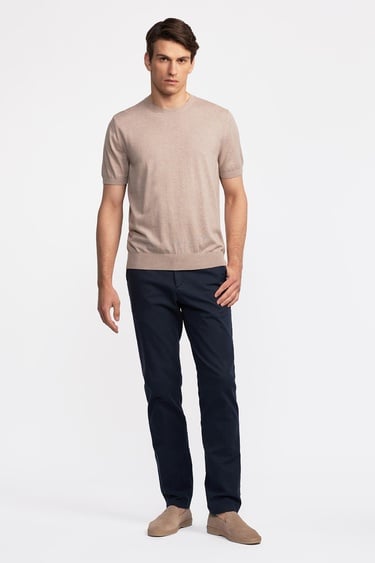  Erkek Bej Kısa Kollu Bisiklet Yaka Kazak