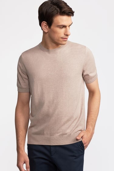  Erkek Bej Kısa Kollu Bisiklet Yaka Kazak