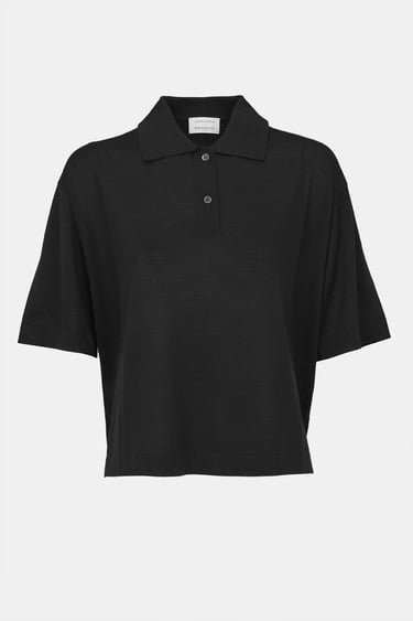  Kadın Siyah Yün Kısa Kollu Polo Yaka Kazak