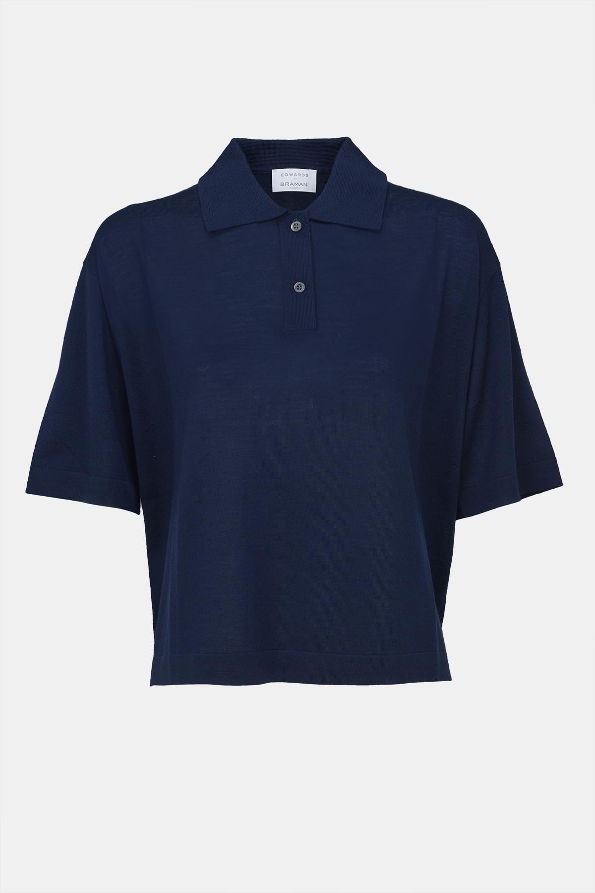  Kadın Lacivert Yün Kısa Kollu Polo Yaka Kazak