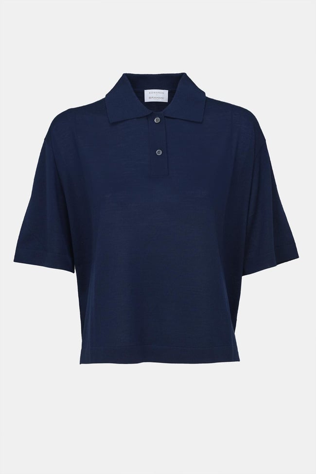  Kadın Lacivert Yün Kısa Kollu Polo Yaka Kazak