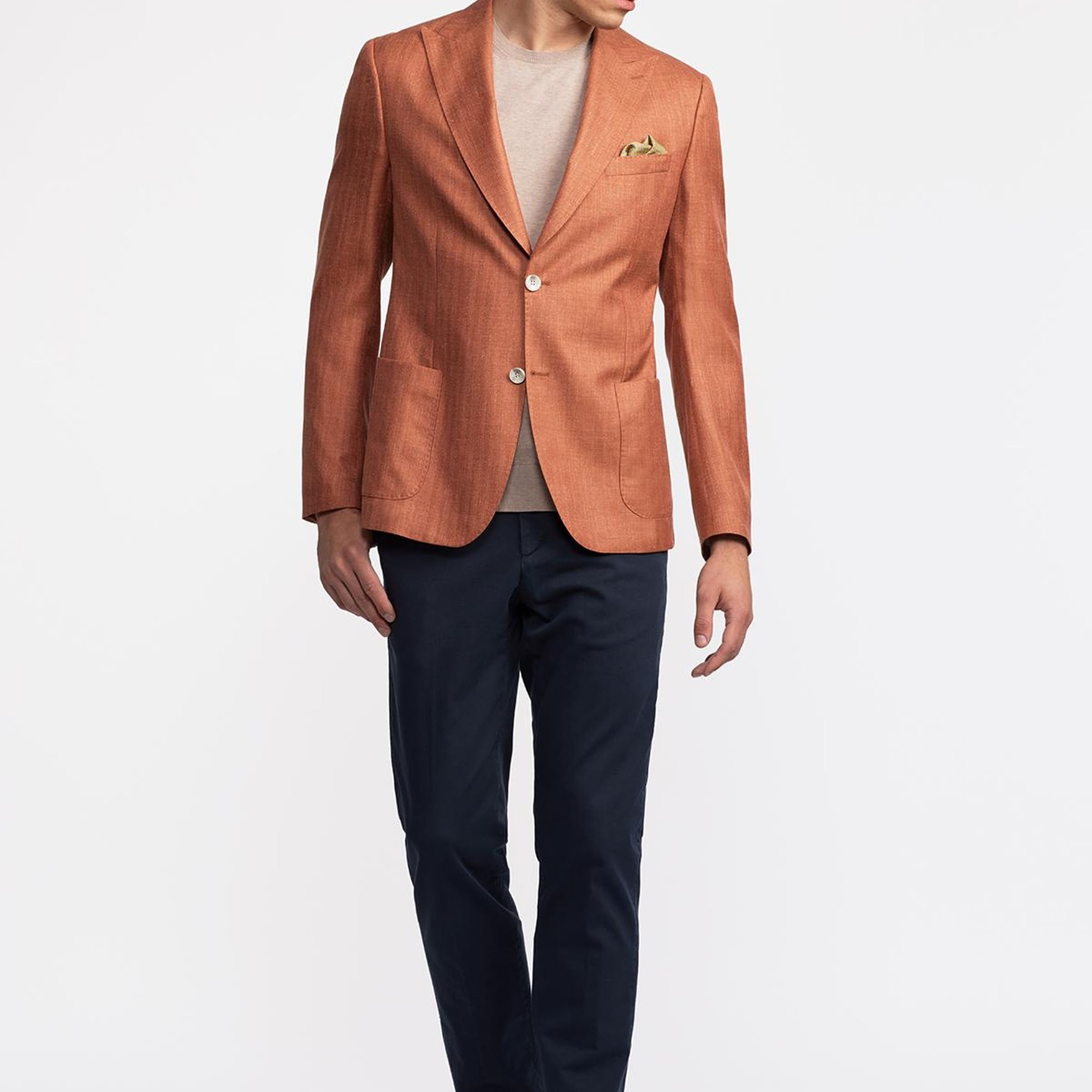 Erkek Taba Loro Piana Kumaşıyla Üretilmiş Yün İpek Karışımlı Casual Ceket