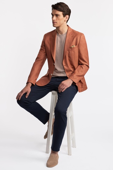  Erkek Taba Loro Piana Kumaşıyla Üretilmiş Yün İpek Karışımlı Casual Ceket