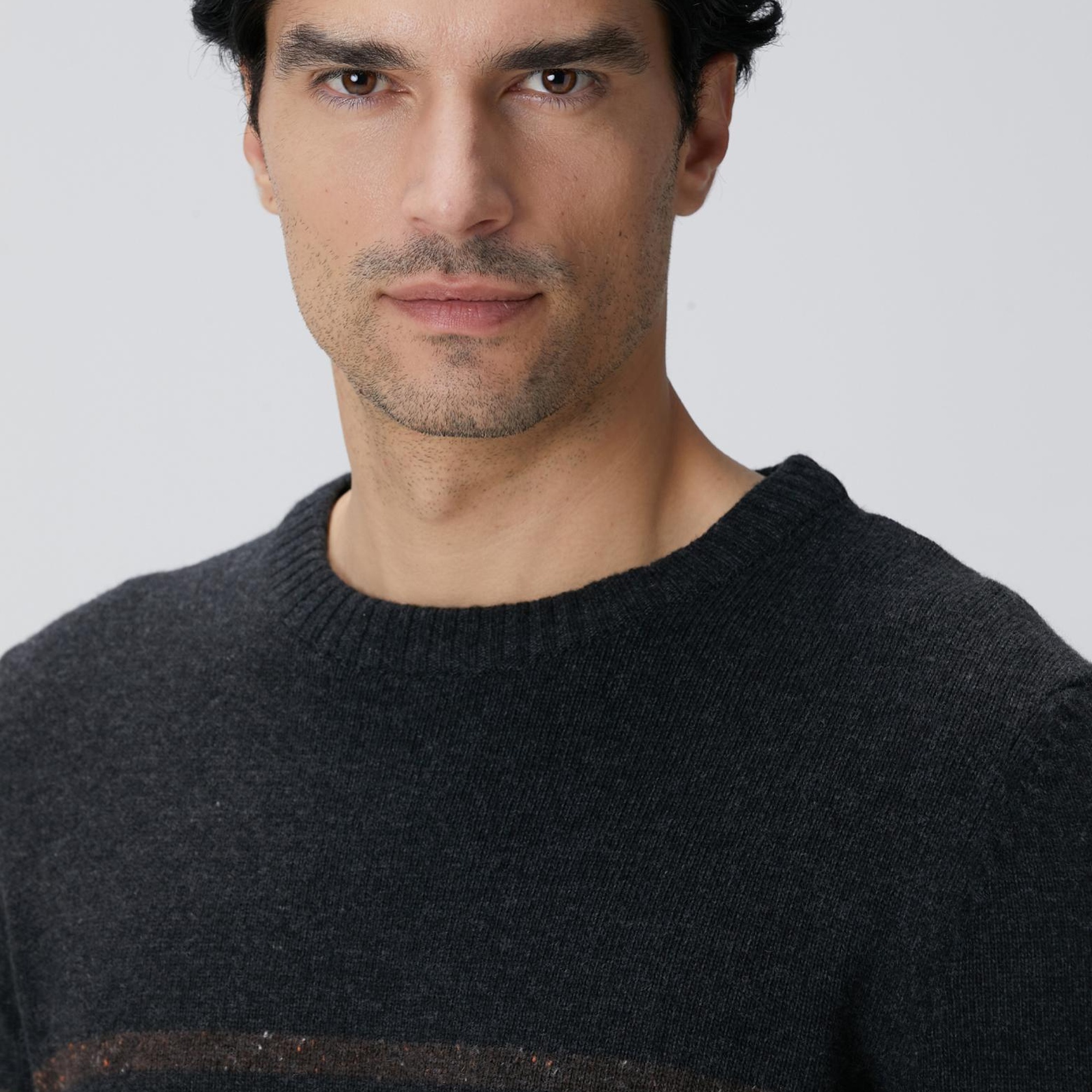 Network Erkek Antrasit Çizgi Desenli Yün Kaşmir Karışımlı Kazak