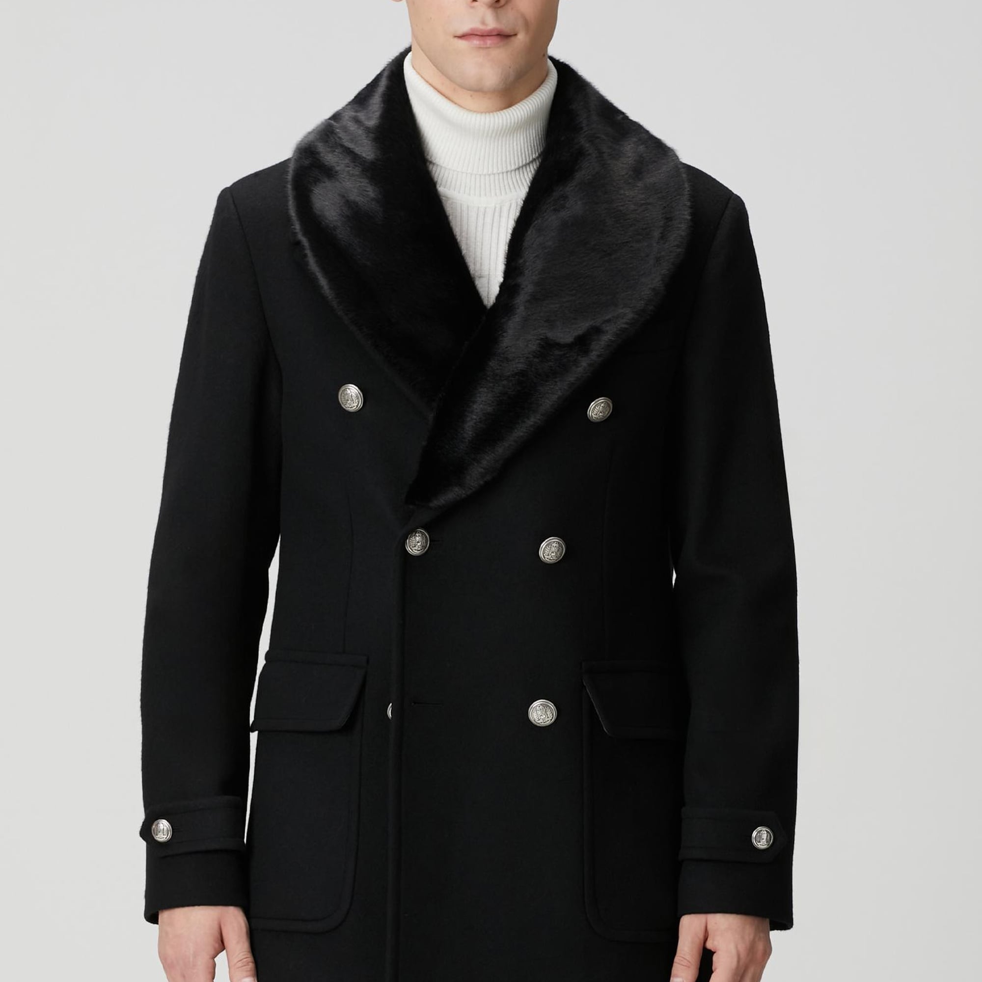 Network Erkek Siyah Yün Kaşmir Karışımlı Palto