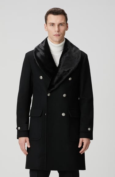  Network Erkek Siyah Yün Kaşmir Karışımlı Palto