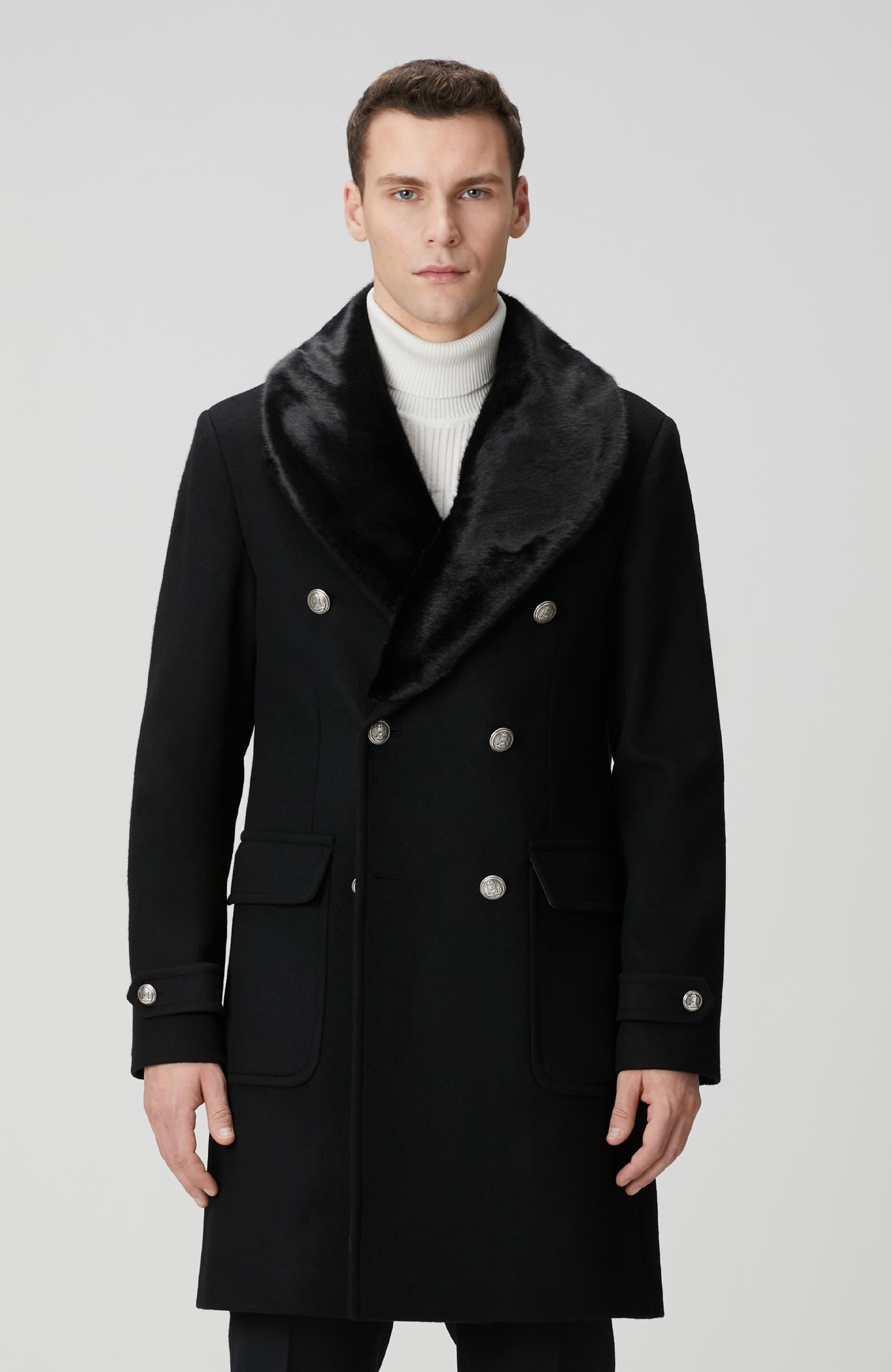  Network Erkek Siyah Yün Kaşmir Karışımlı Palto