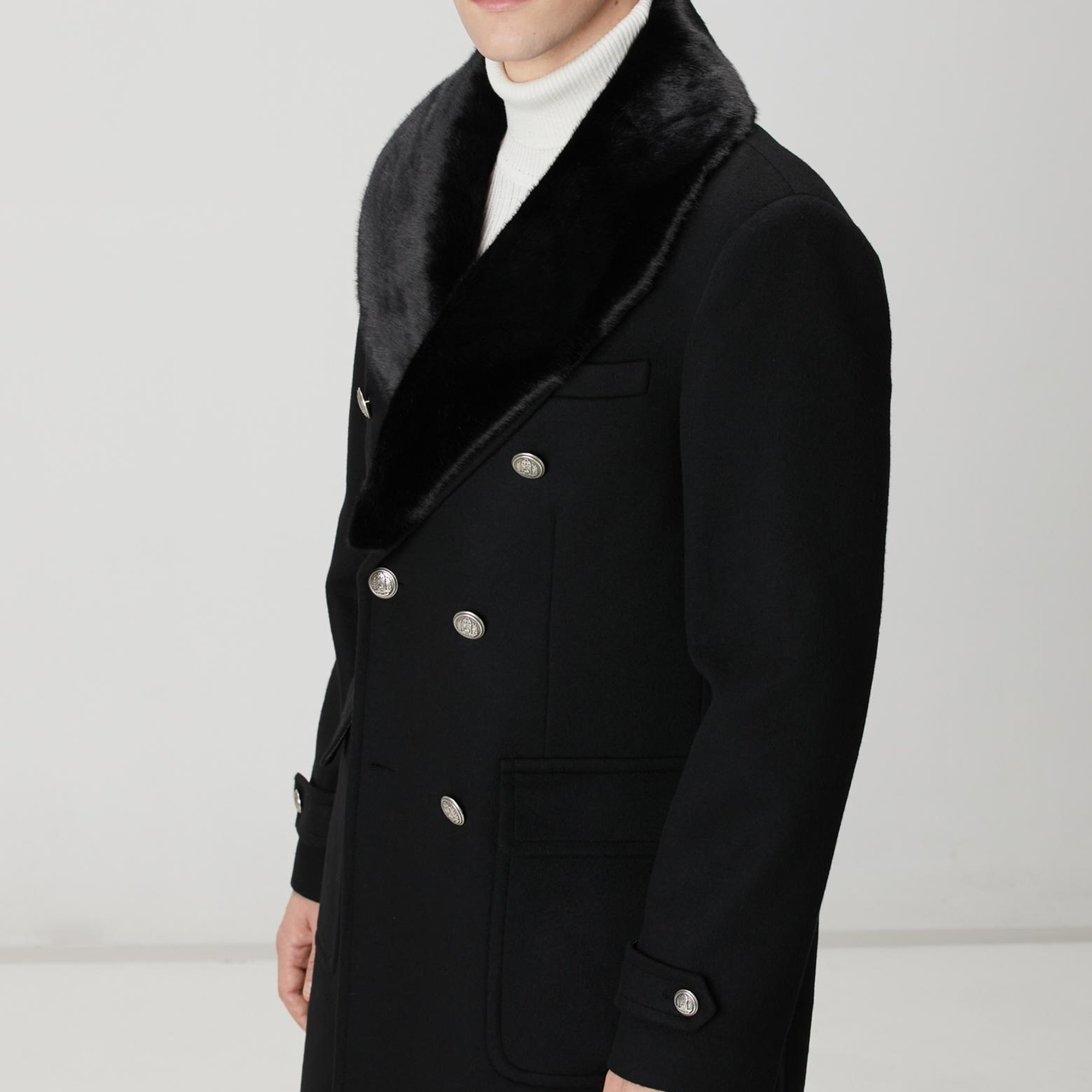 Network Erkek Siyah Yün Kaşmir Karışımlı Palto