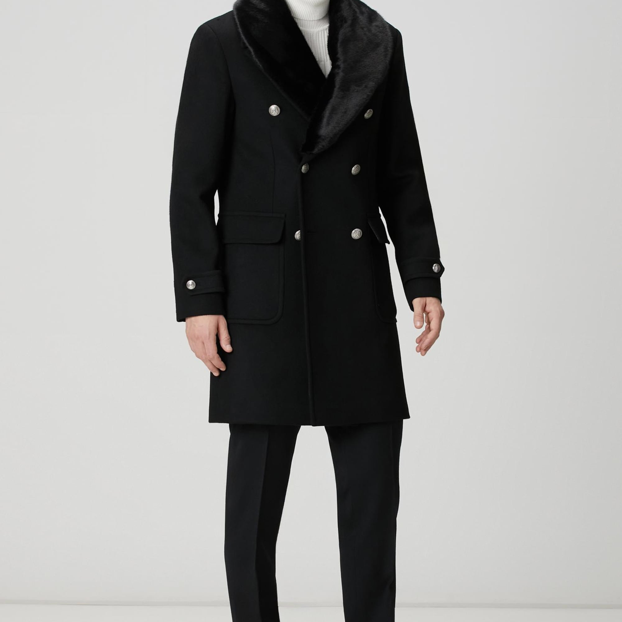 Network Erkek Siyah Yün Kaşmir Karışımlı Palto