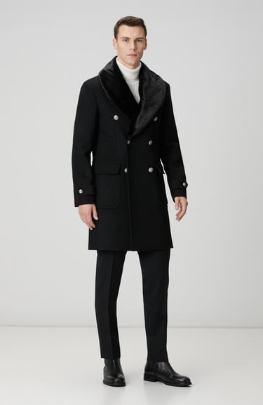  Network Erkek Siyah Yün Kaşmir Karışımlı Palto