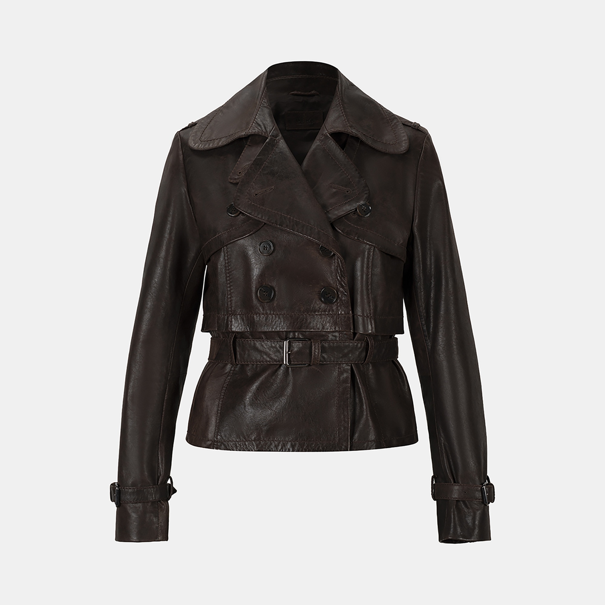 DESA Kadın Kahve Yakalı Deri Kısa Trençkot